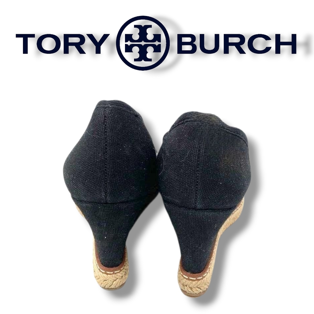 Tory Burch Black Canvas Jackie Espadrille Wedge Peep Toe Pumps Women's Size 8 - Picture 6 of 12